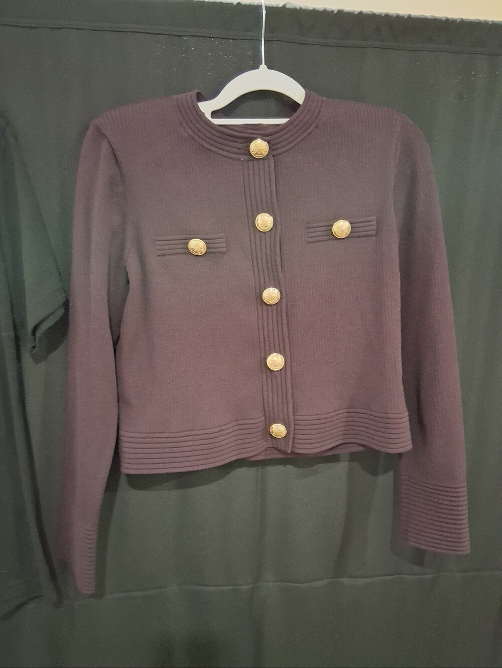 Express Dark Brown Ribbed Cardigan with Gold Buttons